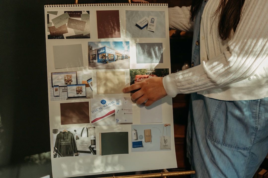 Photographs of branding work taped to an easel.